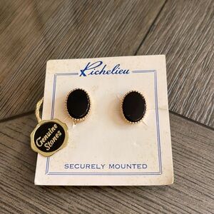 Vintage New Richelieu Onyx Stone Clip Earrings, Oval Gold-tone Frame